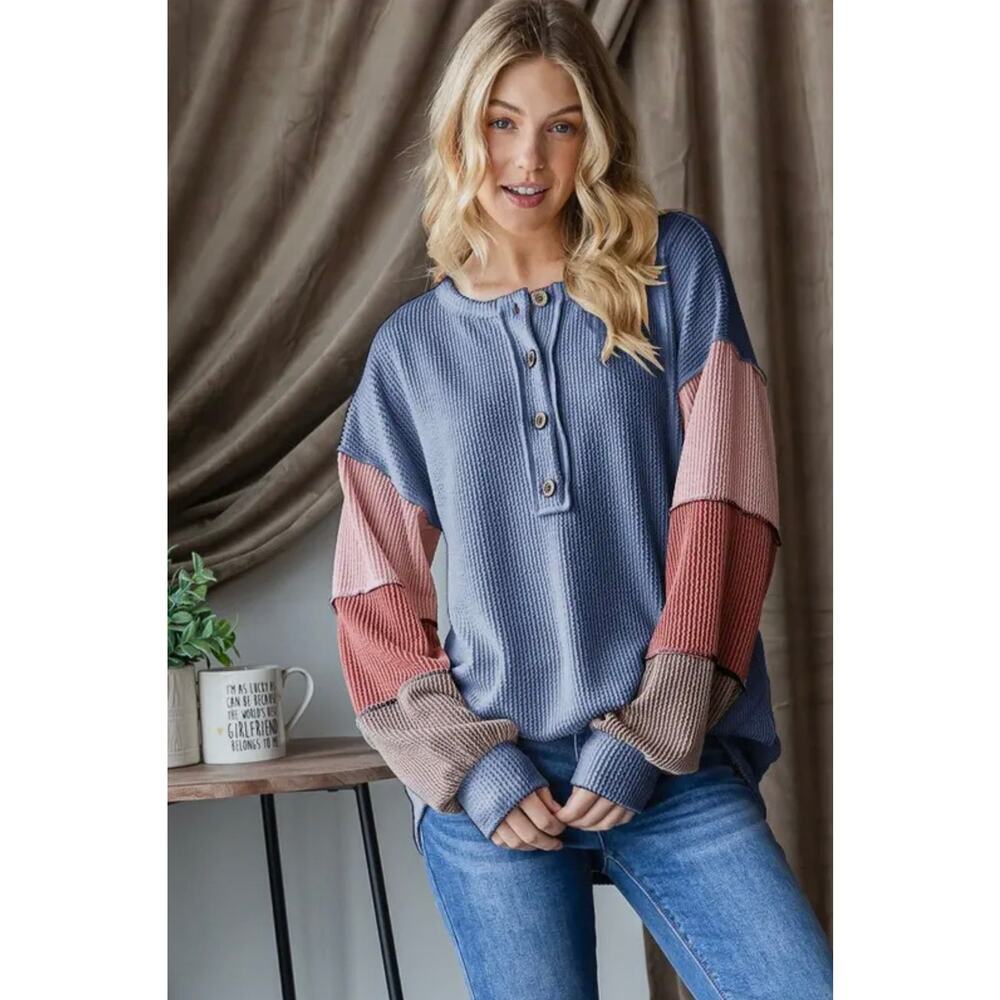 Urban Ribbed Solid Color Block Top-Denim Vintage